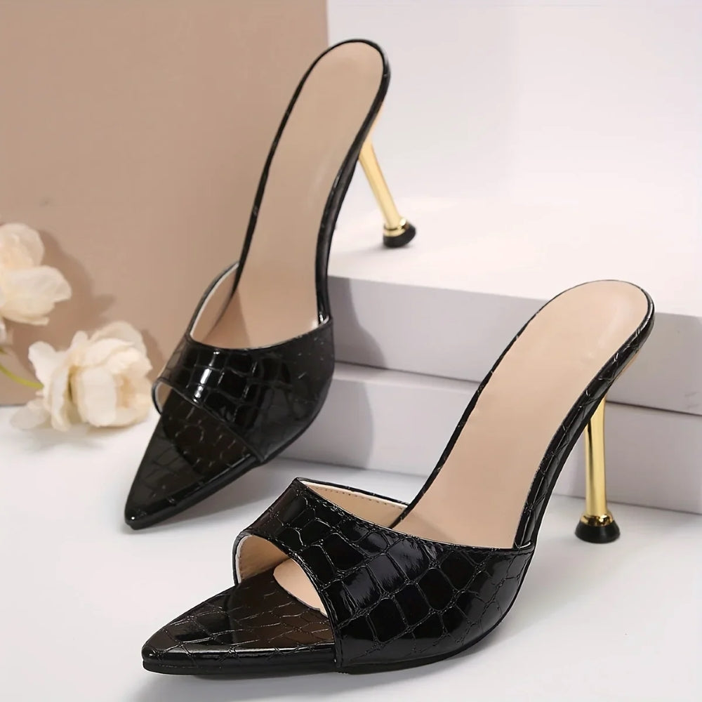 Black croc-embossed vegan leather stilettos with glossy patent sheen and pointy peep-toe, 9cm heel