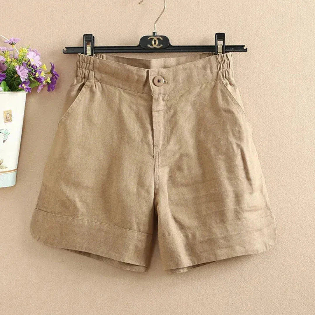 Women's relaxed-fit linen shorts with elastic waistband, breathable blend, and front button closure