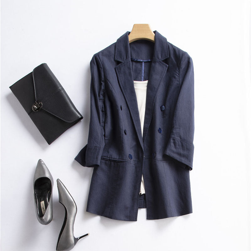 Beige linen blend relaxed blazer with ruched 3/4 sleeves and double-breasted notch collar front