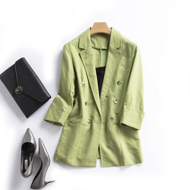 Beige linen blend relaxed blazer with ruched 3/4 sleeves and double-breasted notch collar