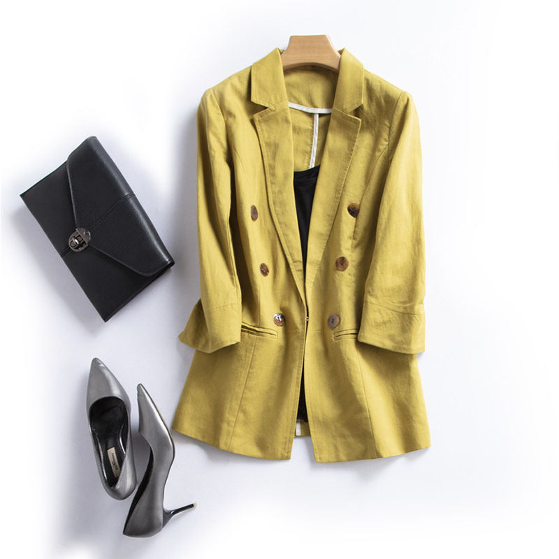 Beige linen blend relaxed blazer with ruched 3/4 sleeves and double-breasted notch collar front