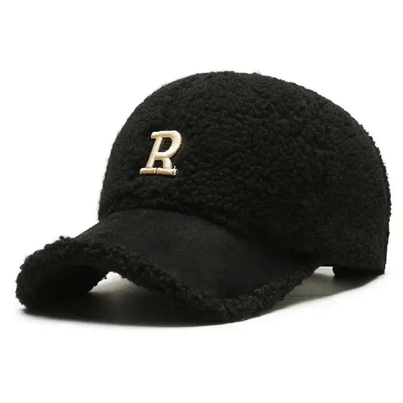 Men's sherpa winter baseball cap with fleece lining, suede brim, and plush insulating exterior