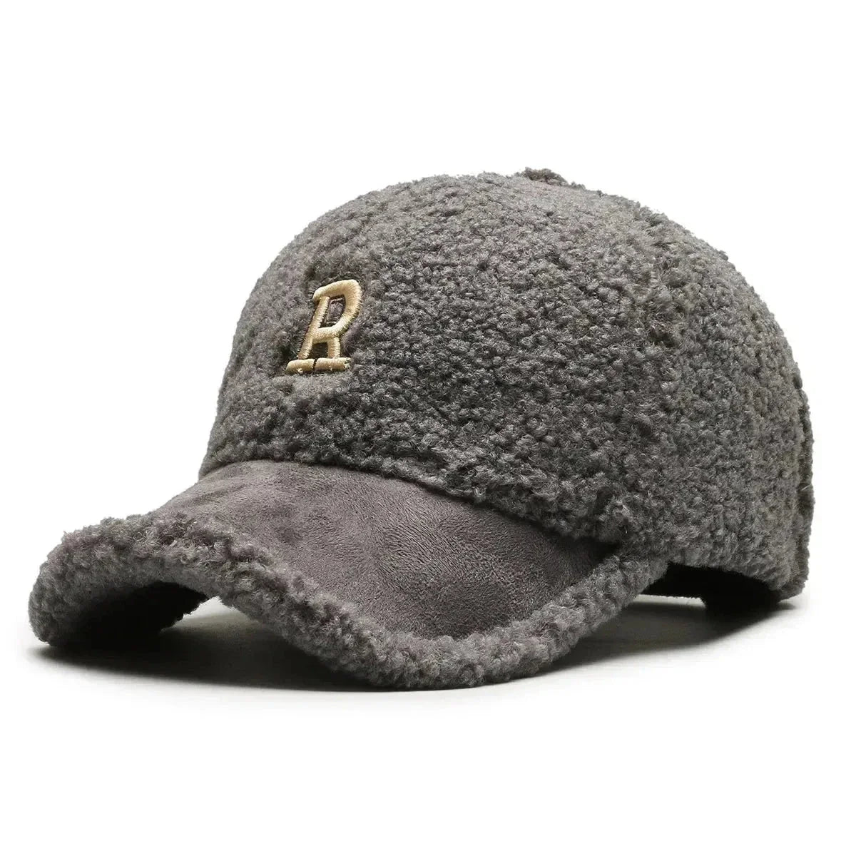 Men's sherpa winter baseball cap with fleece lining, suede brim, and plush insulating exterior