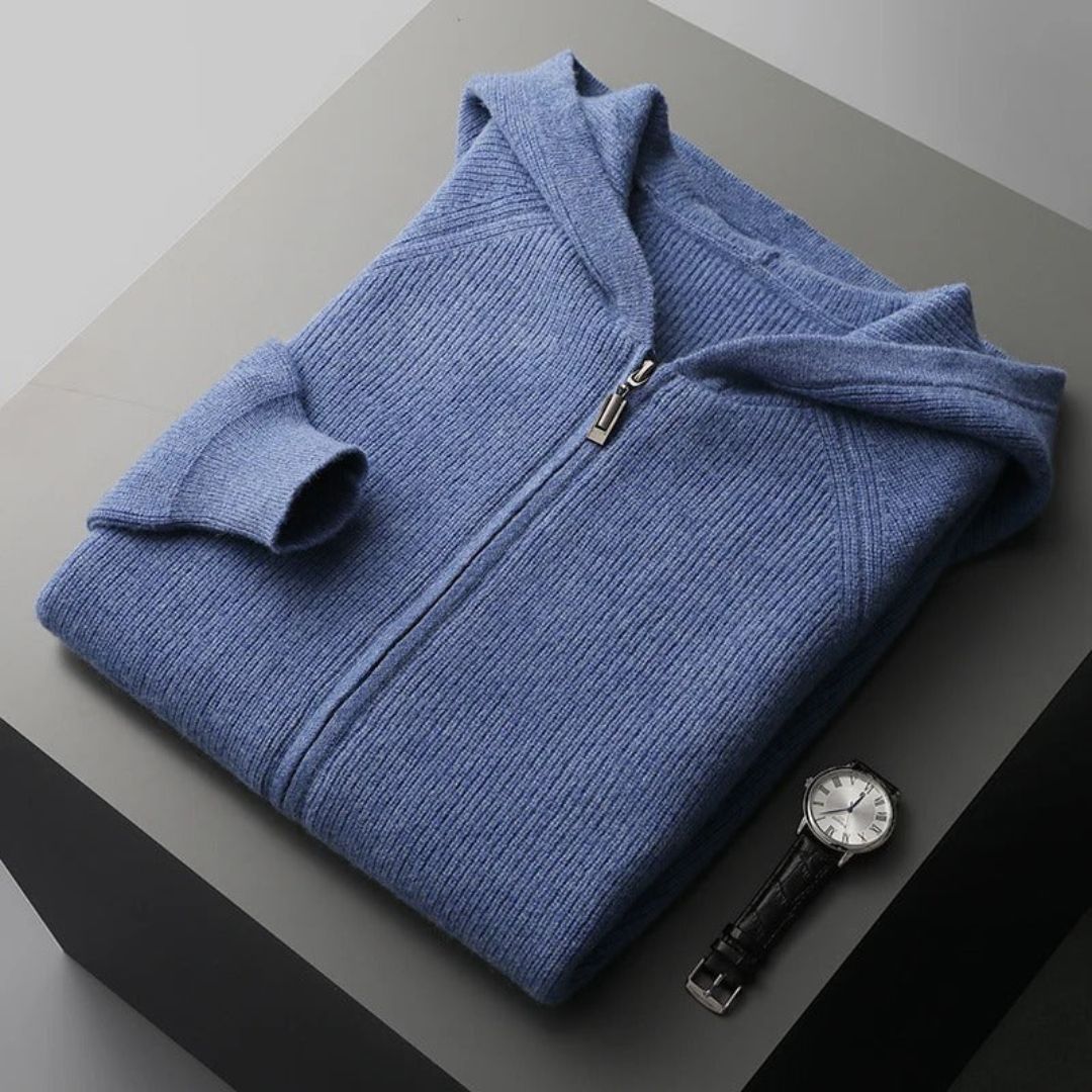 Men's grey zip cashmere cardigan with smooth zipper closure and minimalist slim-fit silhouette