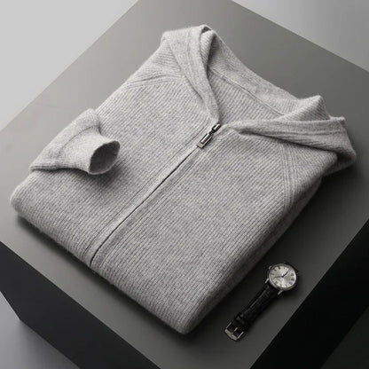 Men's gray zip cashmere cardigan with smooth zipper closure and minimalist slim-fit design