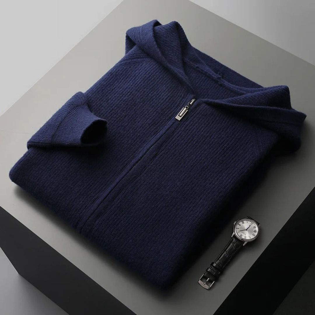 Men's gray zip cashmere cardigan with smooth zipper closure, minimalist slim-fit design