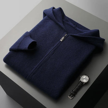 Men's gray zip cashmere cardigan with smooth zipper closure, minimalist slim-fit design
