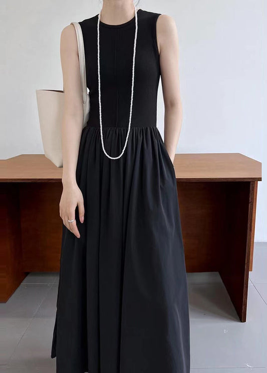 Robe longue en coton patchwork noire sans manches - Wavlynn