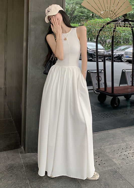 Robe de vacances en coton patchwork blanc coupe slim sans manches - Wavlynn