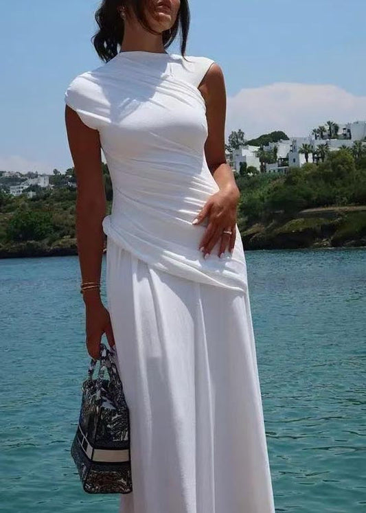 Robe portefeuille en coton froissé blanc patchwork, coupe ajustée, sans manches - Wavlynn