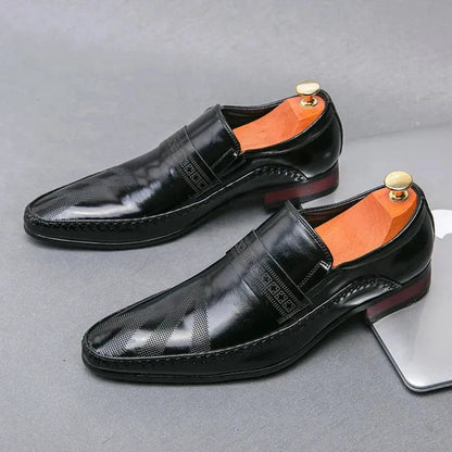 Silvano slip-on leather dress shoes in classic black with polished finish and loafer silhouette