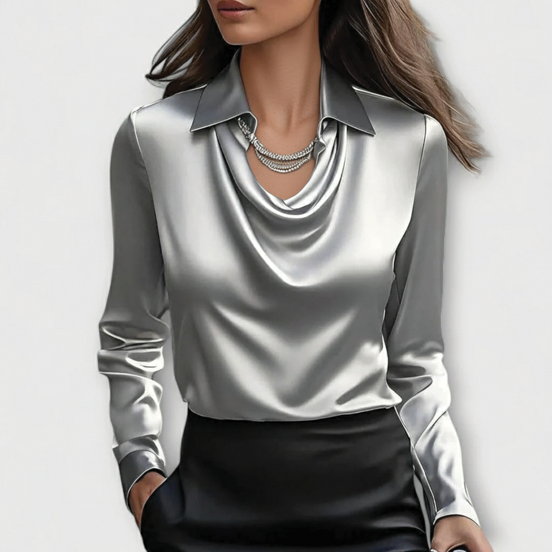 Women's scarlet satin blouse slim fit draped cowl neckline luxurious sheen by Wavlynn