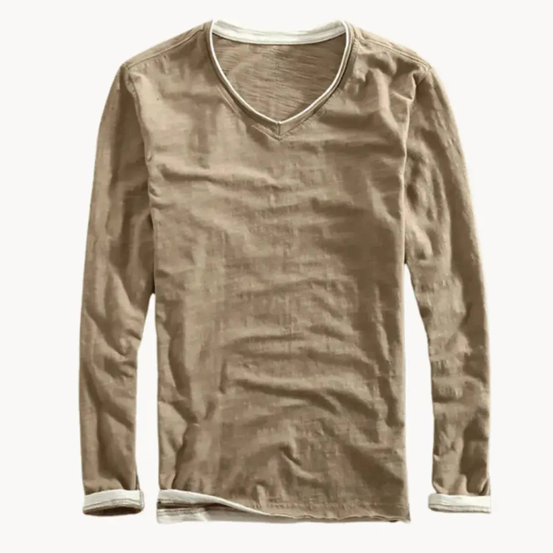 Waylynn white cotton long sleeve shirt V-neck contrast trim layered hem cuff details casual style