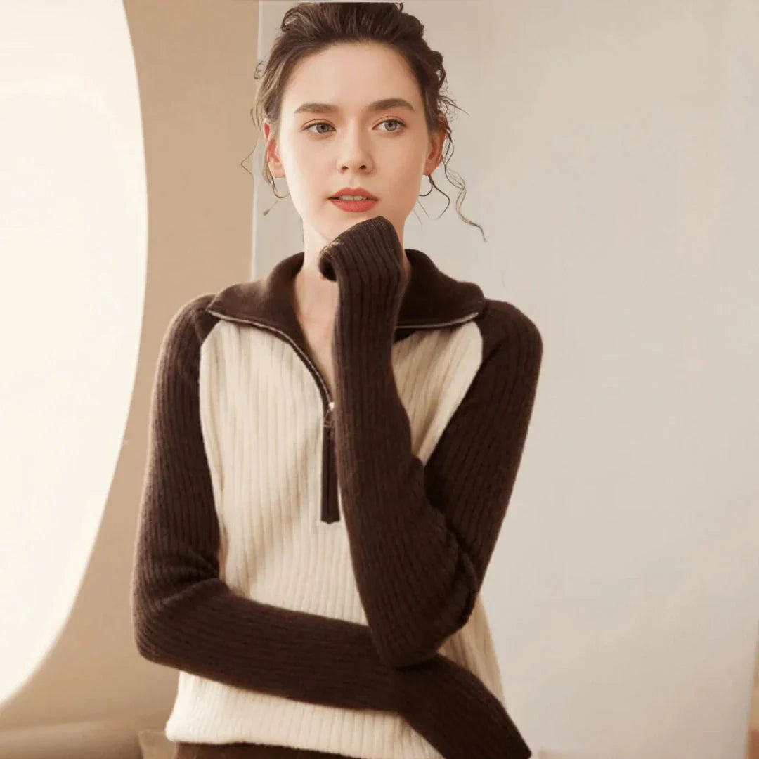 Ivory two-tone cashmere half-zip sweater with contrast sleeves and stand collar for effortless chic layering