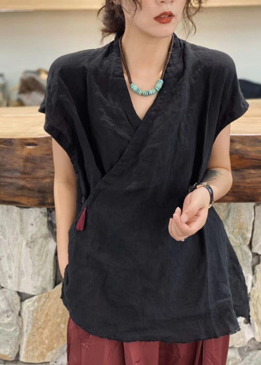 Haut noir simple à col en V et manches courtes avec pompons et ceinture nouée - Wavlynn