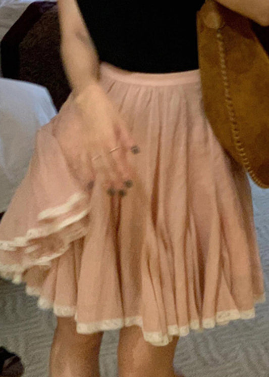 Jupe trapèze simple en dentelle rose patchwork pour l'été - Wavlynn