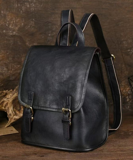 Sac à dos simple en cuir de veau noir de grande capacité - Wavlynn