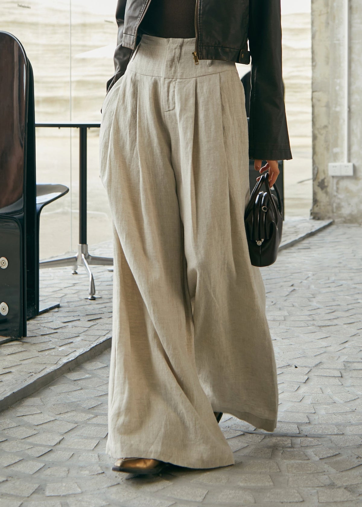 Pantalon large taille haute en lin de style simple pour l'automne - Wavlynn