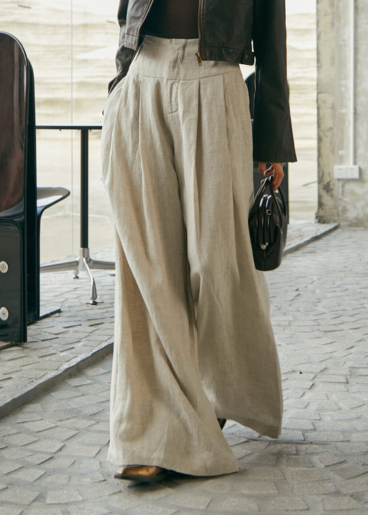 Pantalon large taille haute en lin de style simple pour l'automne - Wavlynn