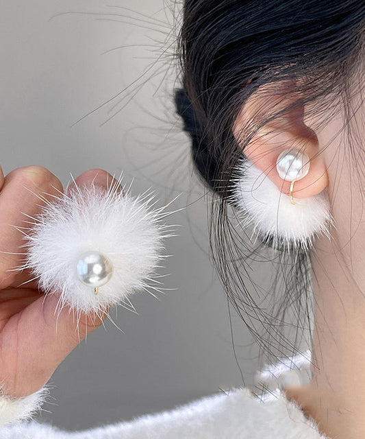 Boucles d'oreilles à tige simples en alliage de cuivre blanc avec perles en poils de vison - Wavlynn