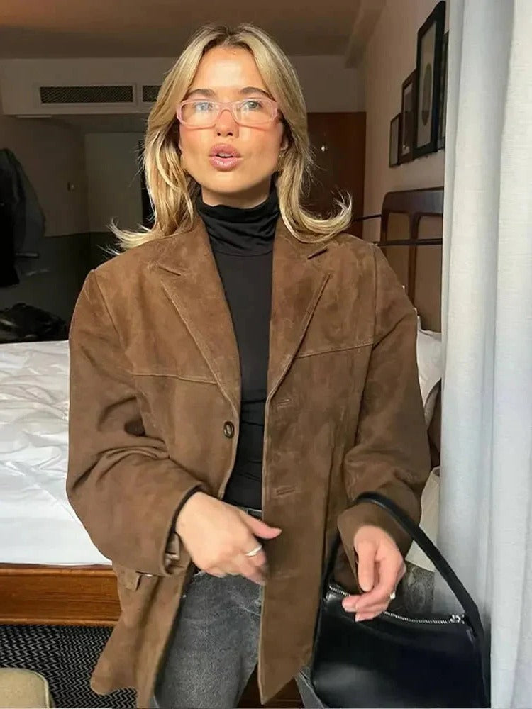 Women's neutral suede jacket minimalist structured silhouette with clean lines for everyday chic