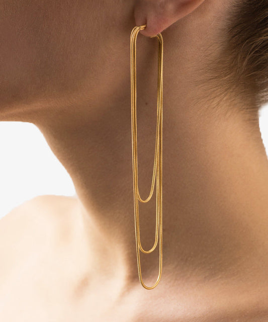 Boucles d'oreilles créoles fines à pampilles multicouches en acier inoxydable doré - Wavlynn