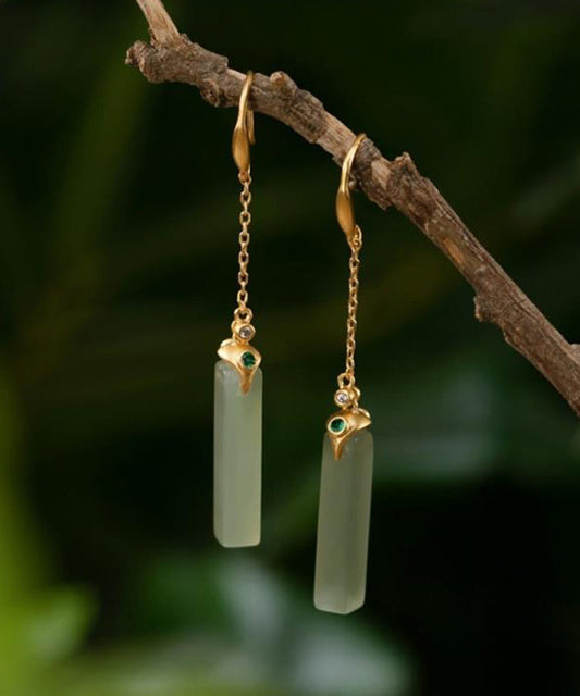 Boucles d'oreilles pendantes rectangulaires en argent sterling et jade surdoré - Wavlynn