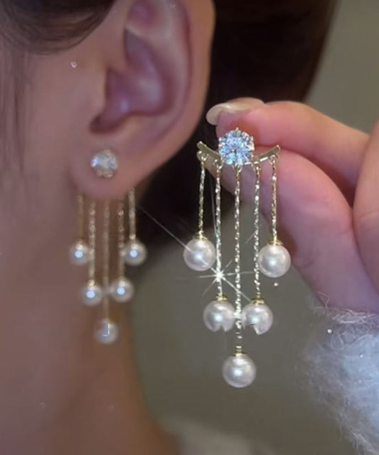 Boucles d'oreilles pendantes fines en alliage blanc avec perles de zircon - Wavlynn