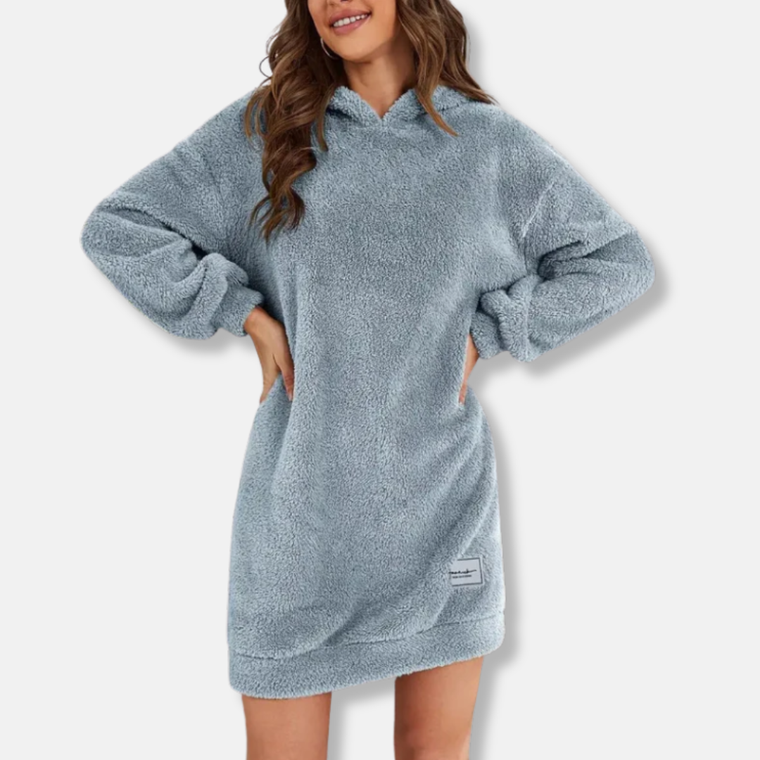 Women's oversized fleece hoodie mini dress long sleeve lounge wear with ribbed cuffs