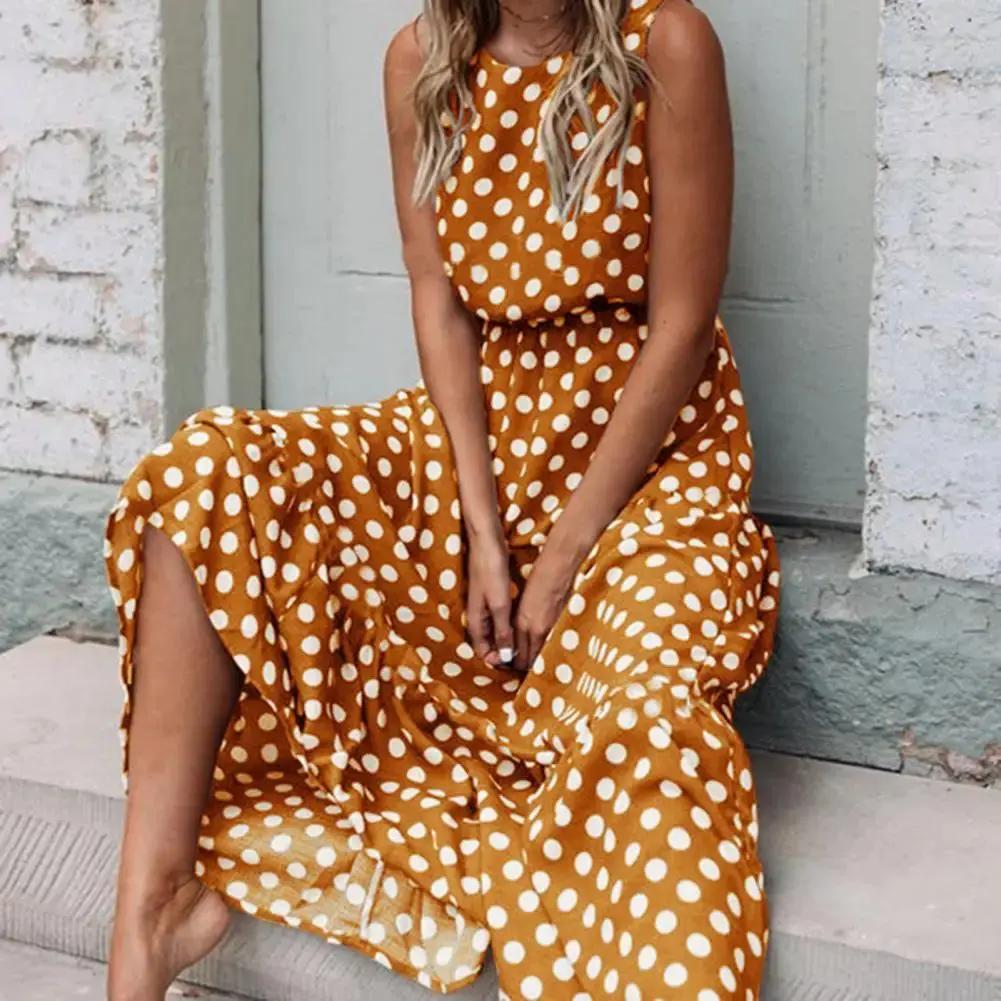Women's sleeveless polka dot maxi dress, relaxed fit with vintage-inspired allover print