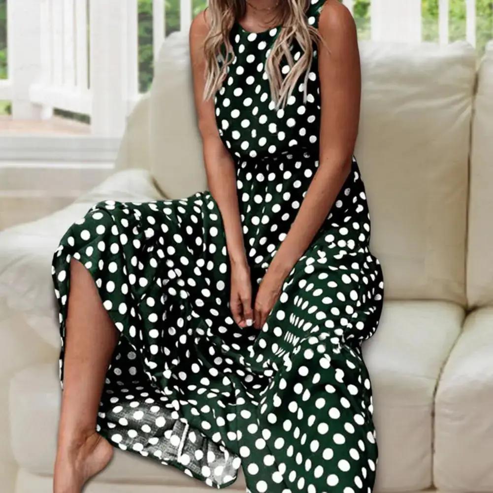 Women's sleeveless polka dot maxi dress relaxed fit vintage-inspired allover print effortless style