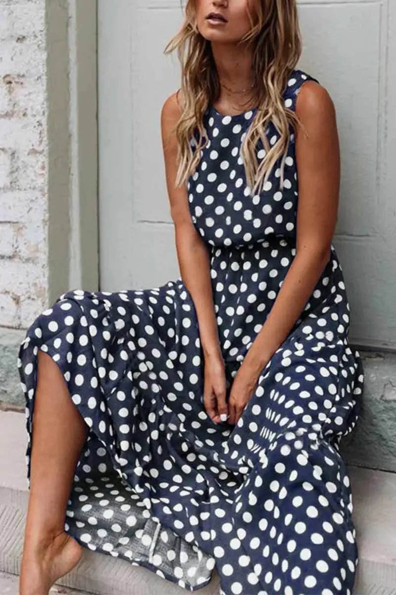 Women's sleeveless polka dot maxi dress, relaxed fit with vintage-inspired allover print