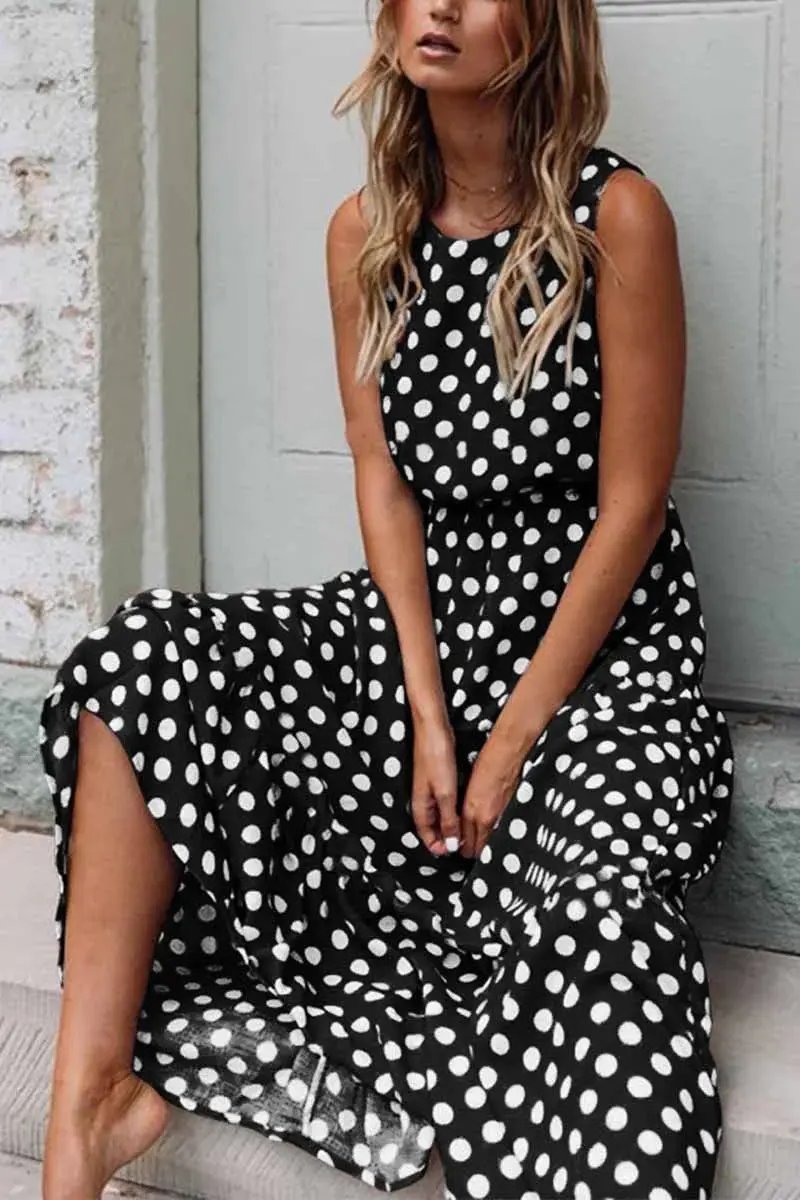 Women's sleeveless polka dot maxi dress relaxed fit vintage-inspired allover print