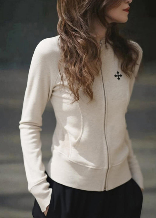 Manteaux en coton beiges slim fit à col rond et fermeture éclair patchwork pour l'automne - Wavlynn
