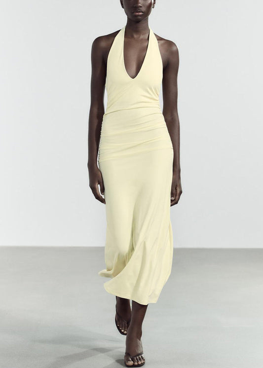Robe longue en coton jaune clair, coupe ajustée, col en V, dos nu, sans manches - Wavlynn