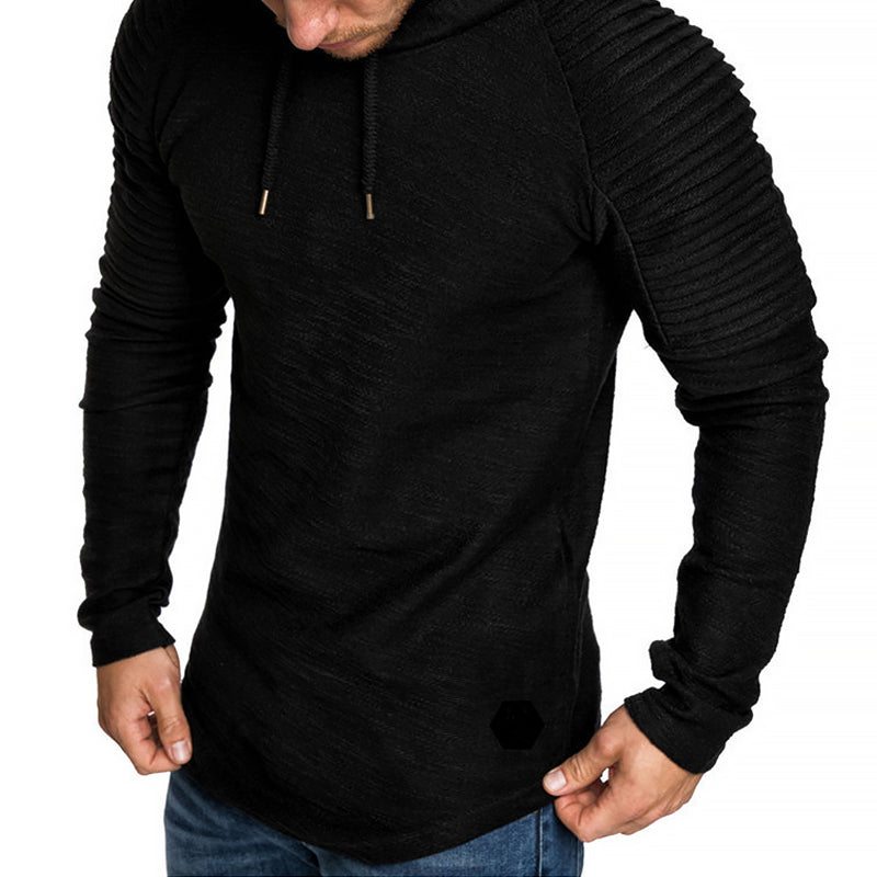 Men's slim fit casual hoodie with drawstring hood and folded sleeve detailing for autumn
