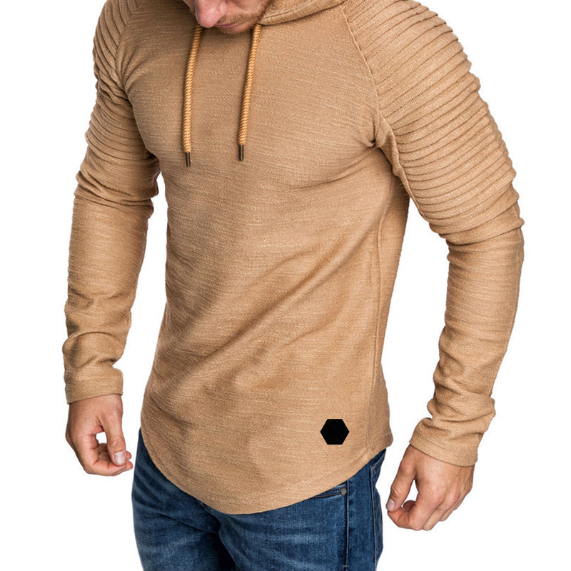 Men's slim fit casual hoodie with drawstring hood and folded sleeve detailing for autumn