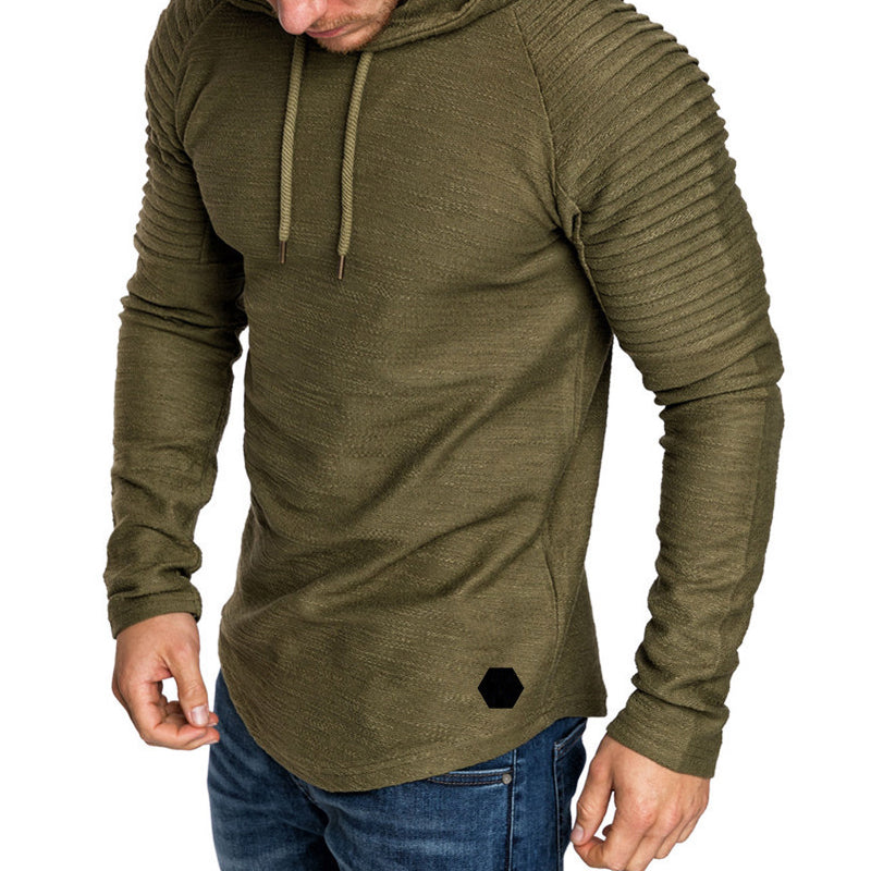 Men's slim fit casual hoodie with drawstring hood and folded sleeve detailing in autumn style