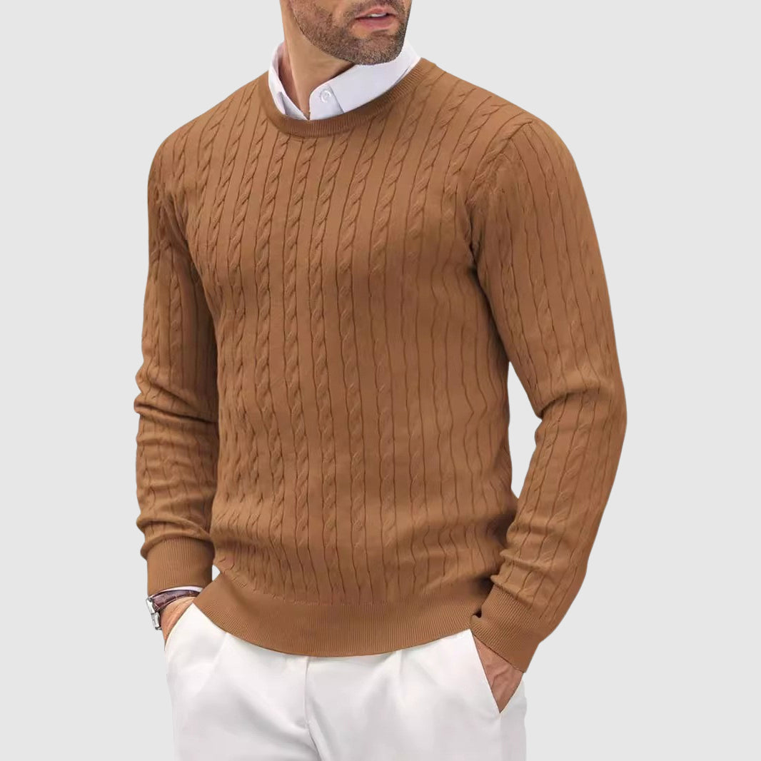 Men's slim fit wool knit sweater in cozy neutral tones with twisted knit texture pattern