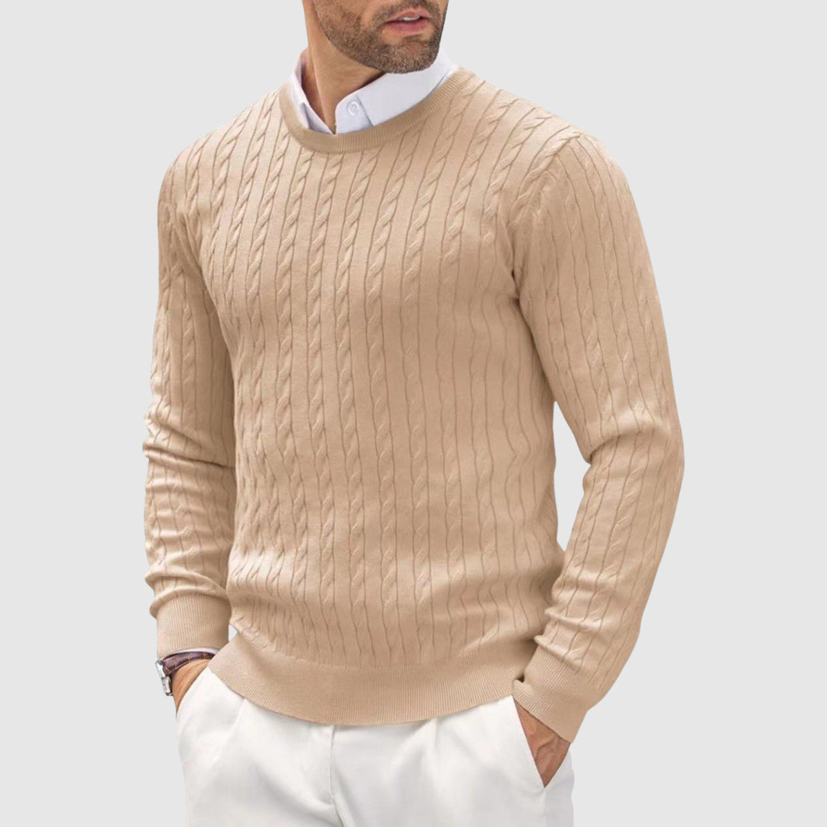 Men's slim fit wool knit sweater with twisted cable knit texture, cozy layering style by Wavlynn