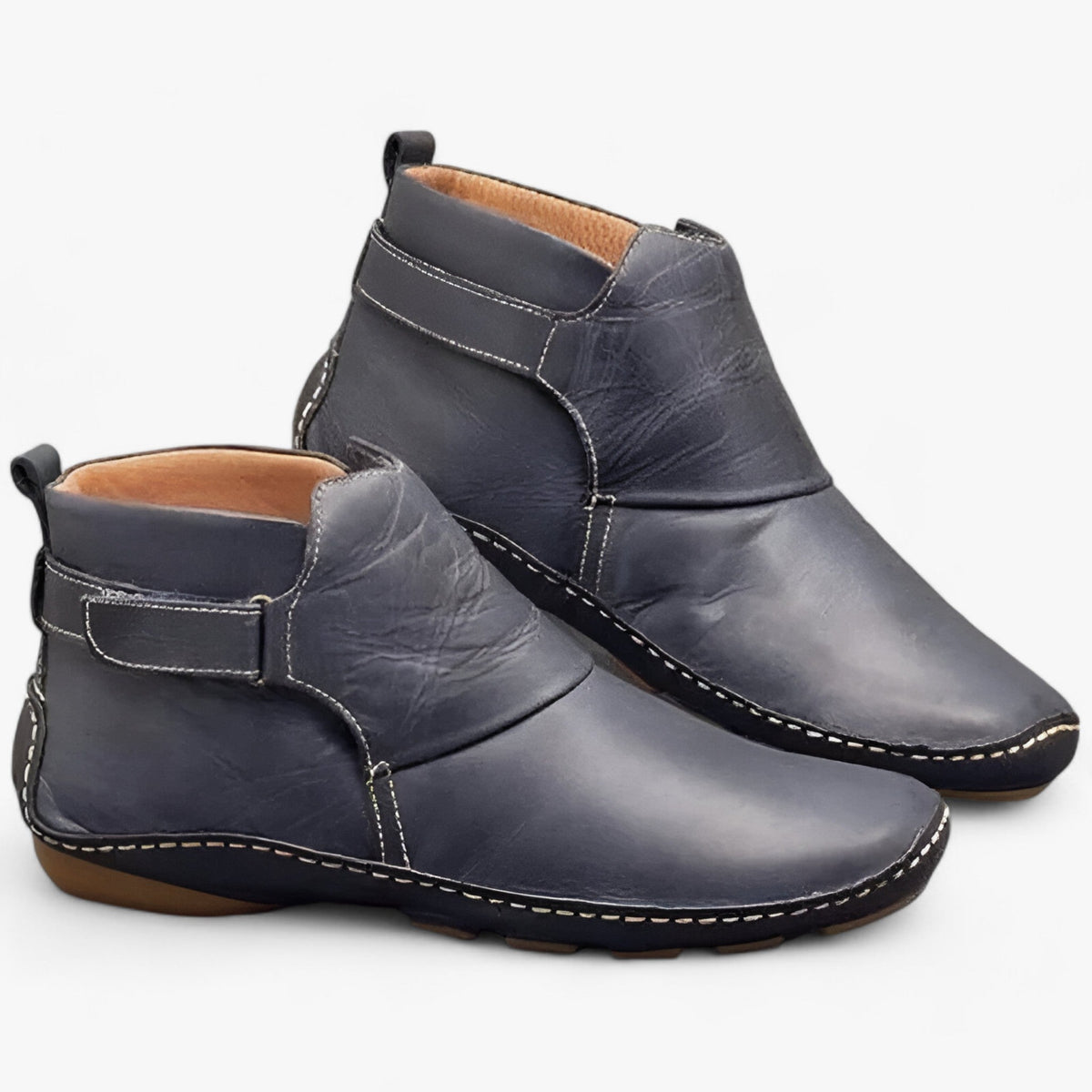 Women's slip-on ankle boots boho style brown PU waterproof upper with artisan stitch detail