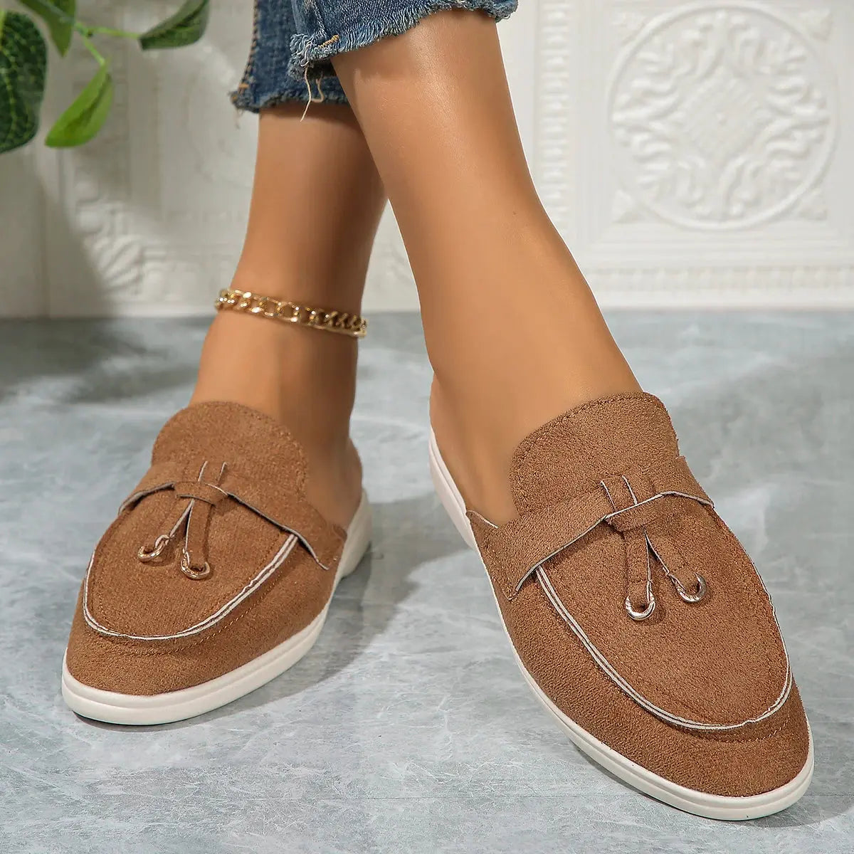Women's white slip-on casual sneakers lightweight rubber sole textured finish versatile everyday flats
