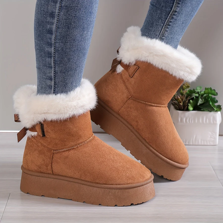 Women's slip-on winter boots in taupe faux suede with plush faux fur lining, casual cozy style