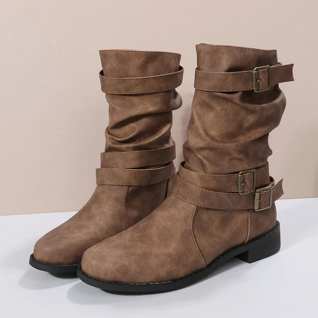 Women's black slouch mid-calf boots with buckle strap detail, flat sole, effortlessly chic style