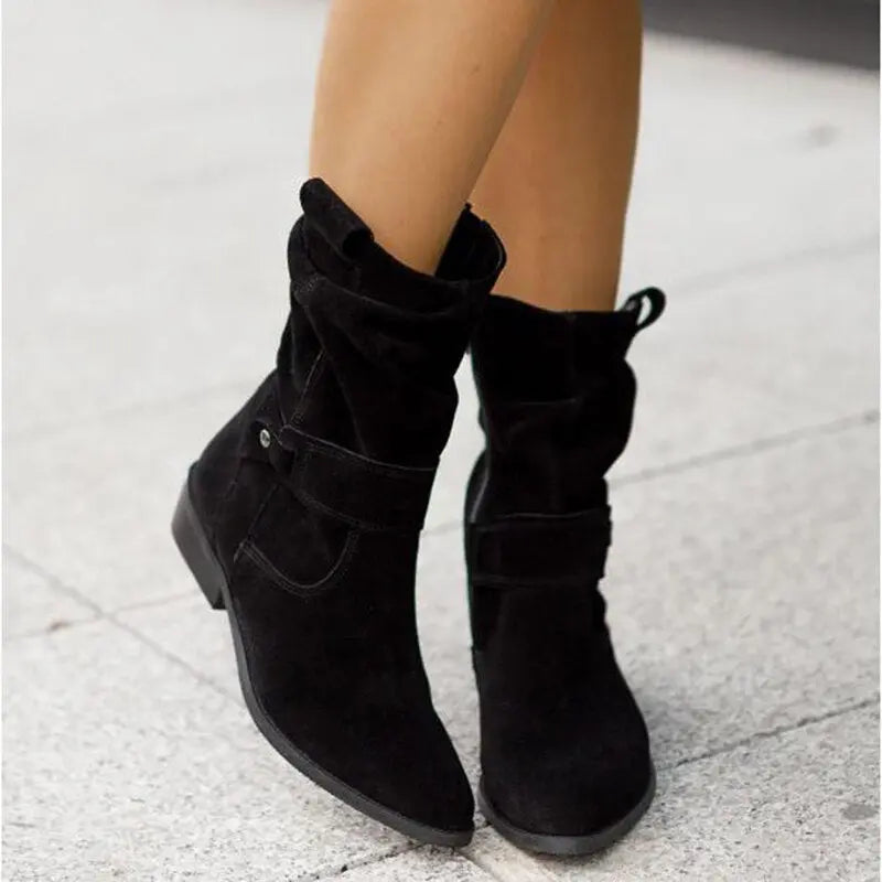 Women's black slouched ankle boots with chic low heel and relaxed contemporary silhouette
