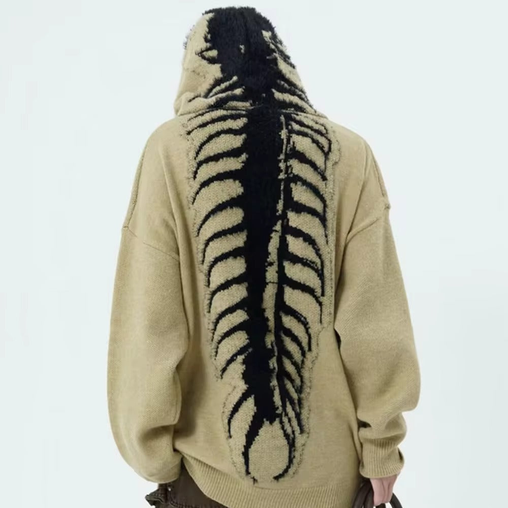 Anthracite knit grunge hoodie with giant centipede spine motif and jagged font lettering