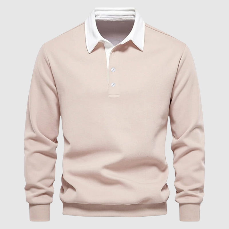 Navy blue long sleeve polo shirt regular fit with classic collar and button placket, smart casual style