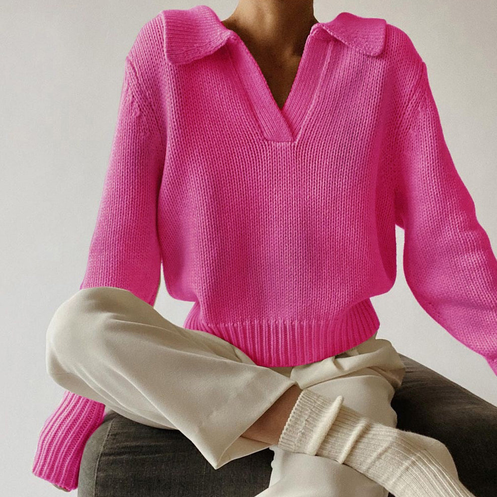 Ivory loose-fit knit sweater with bold lapel collar and irregular design, cotton-spandex blend
