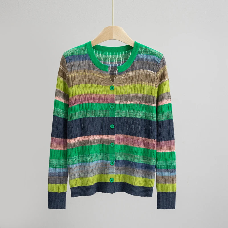 Sofia Amoretti Arcobaleno multicolor striped lightweight knit cardigan with painterly rainbow texture
