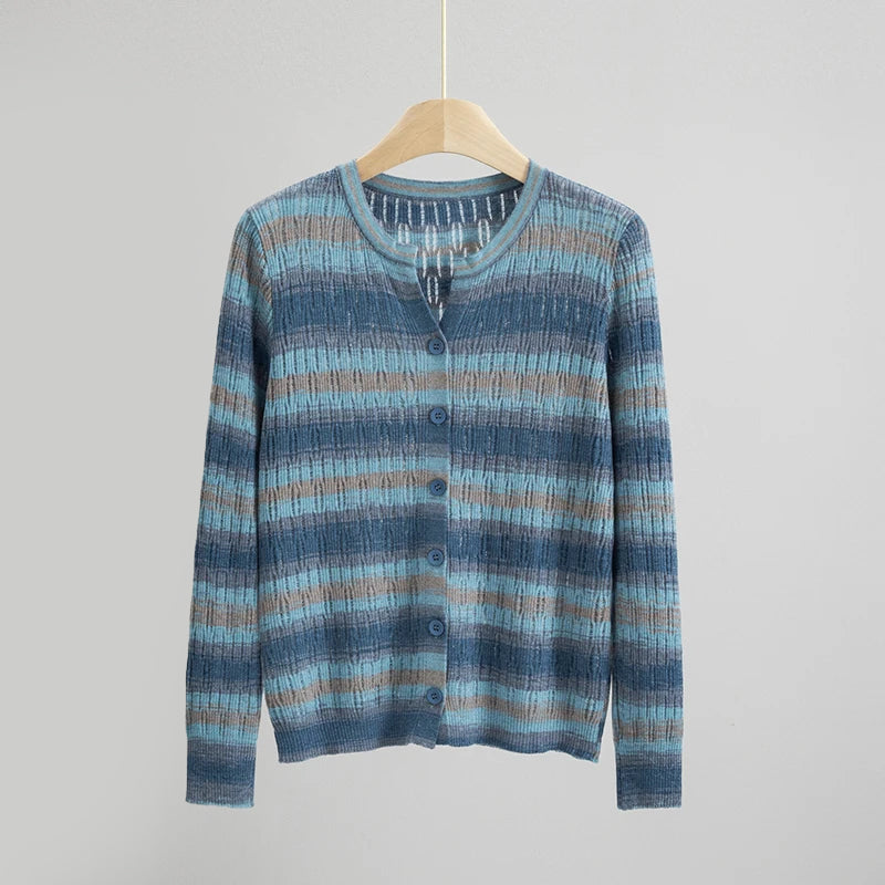 Sofia Amoretti Arcobaleno lightweight textured knit cardigan with multicolor painterly stripes